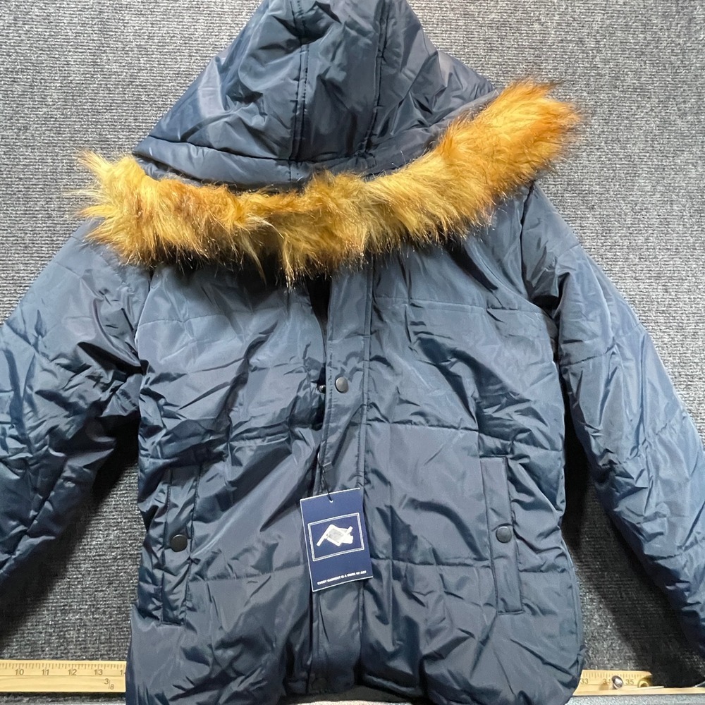 Free Country Puffer Jacket Kids 10-12 Navy Blue Faux Fur Hood Winter Parka Coat